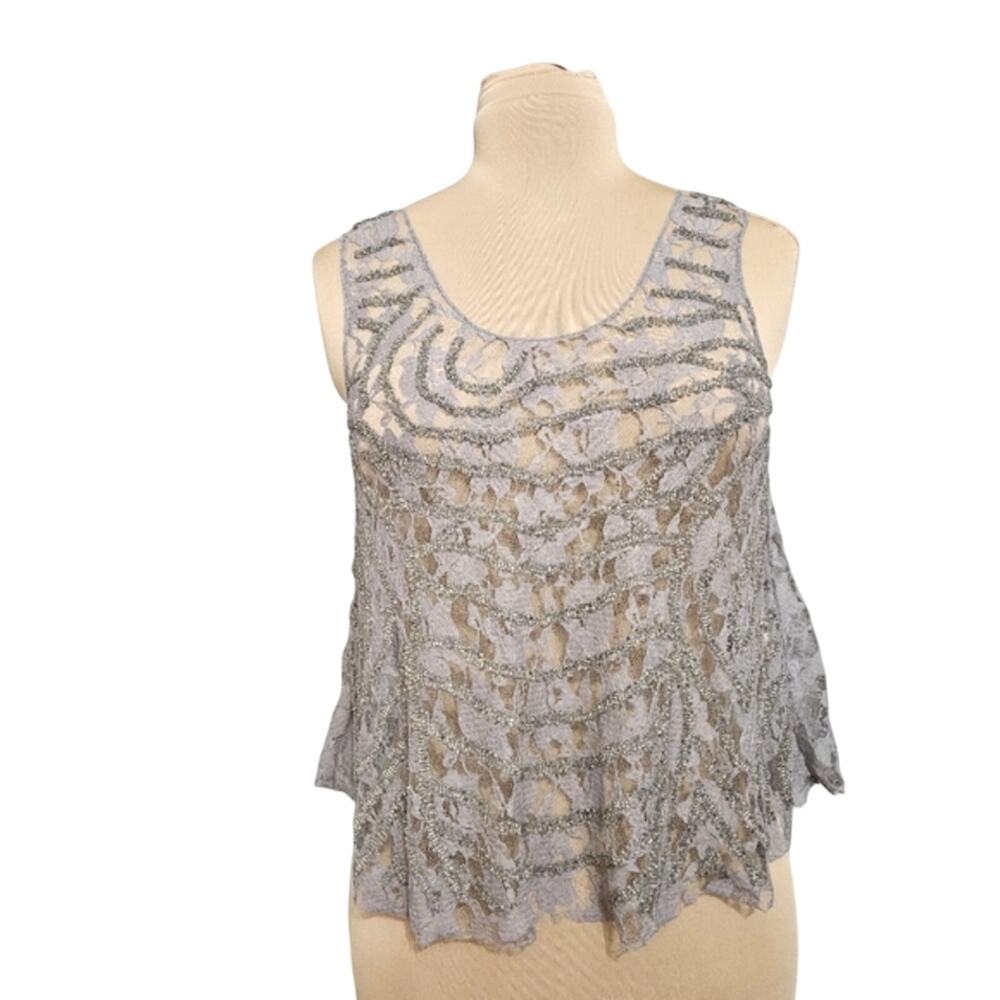 Chan‎ Luu Beaded Embellished Silver Gray Semi Sheer Mesh Floral Lace Top
